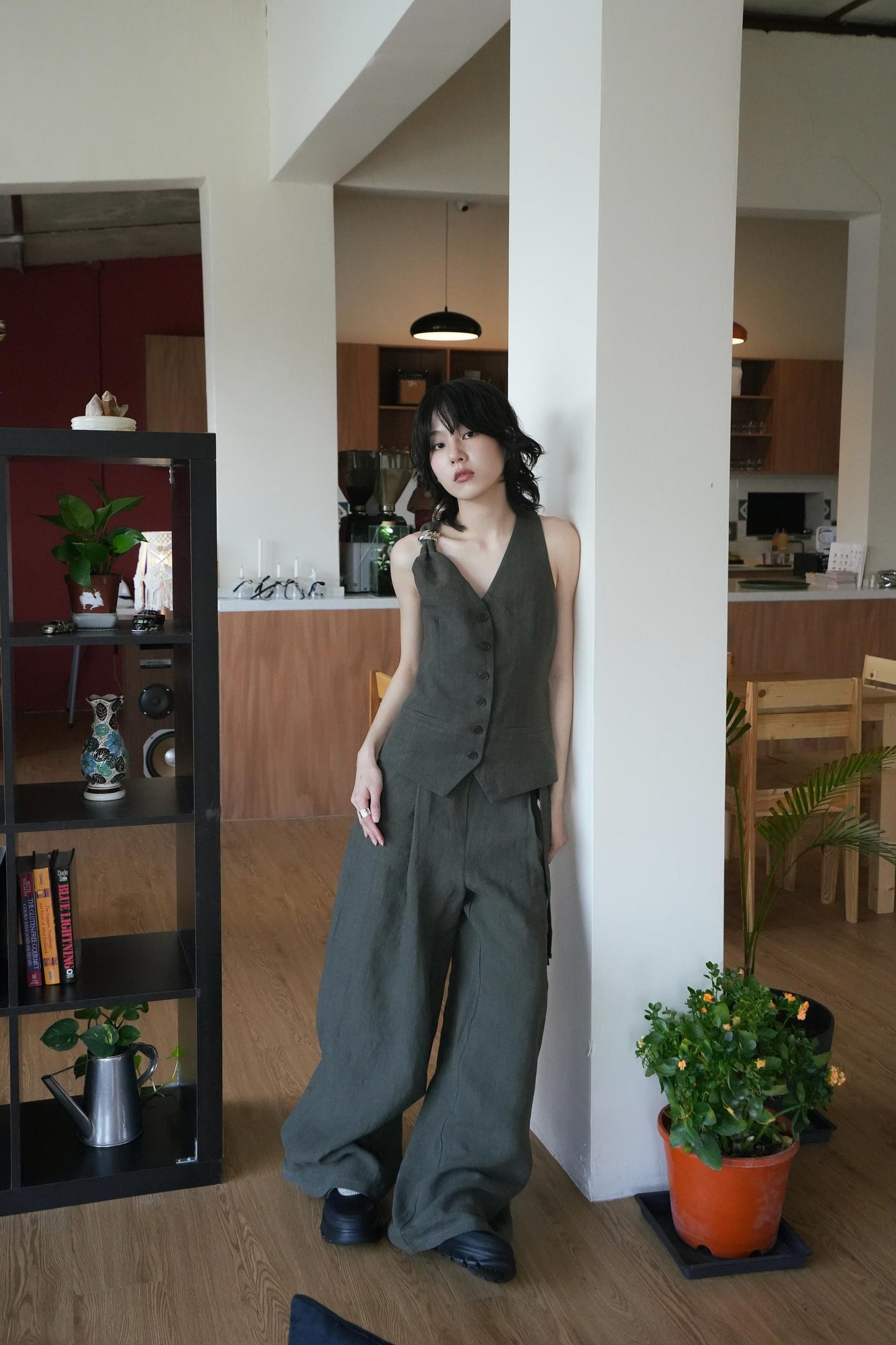 Linen One Shoulder Chain Top With Pant Set