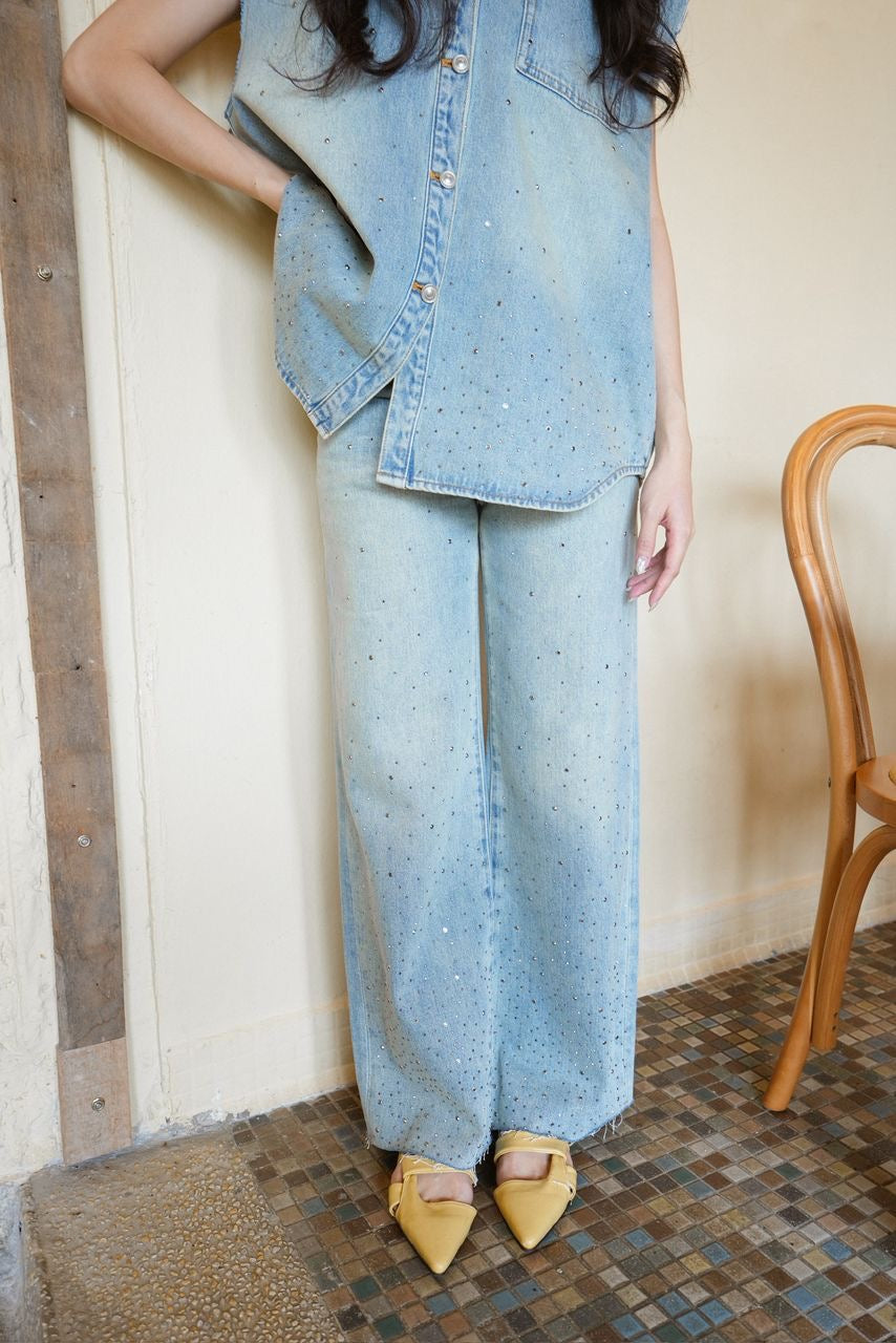 Rhinestone-studded Denim Pant