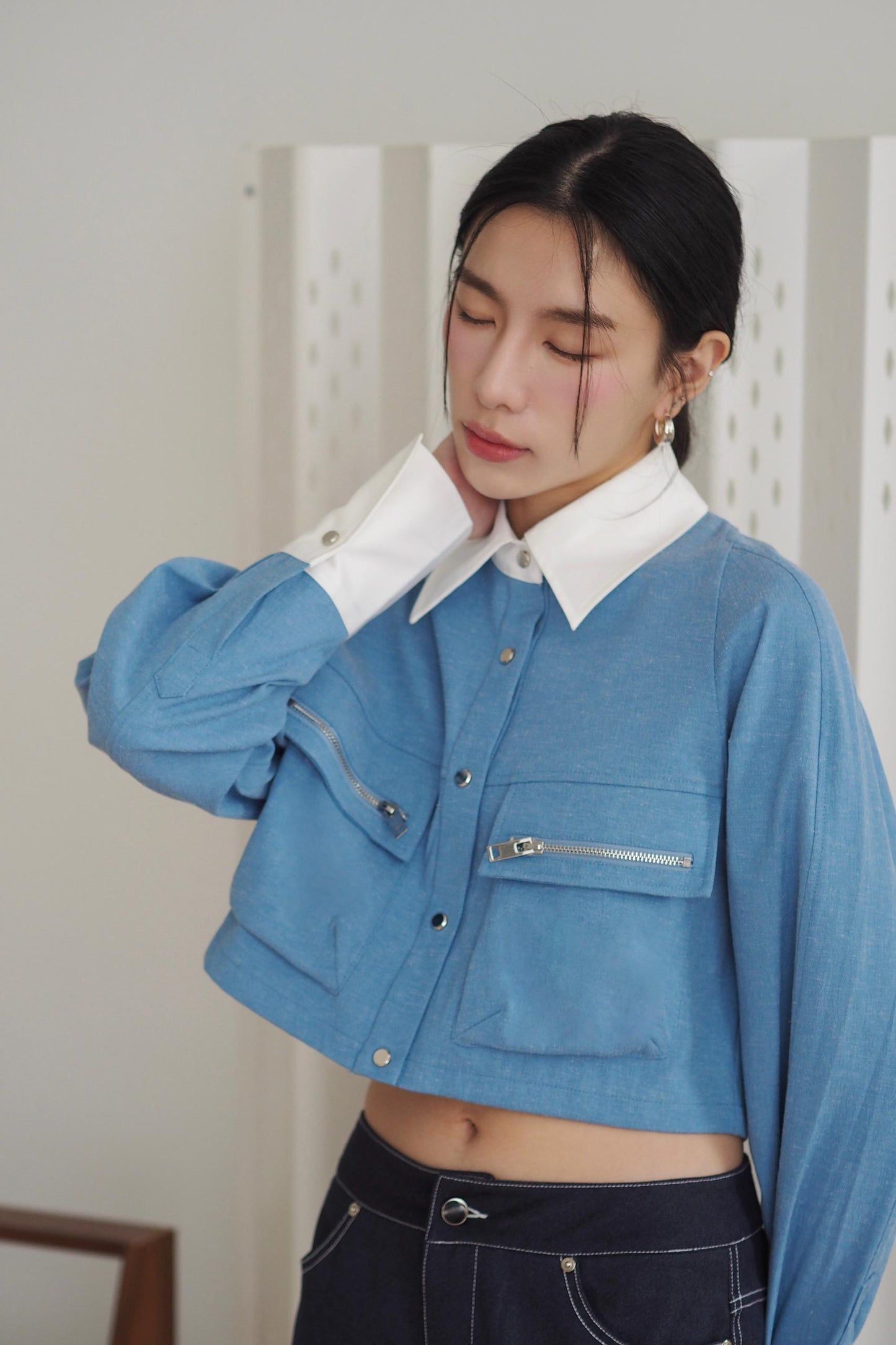 Denim Cropped Shirt With Pocket