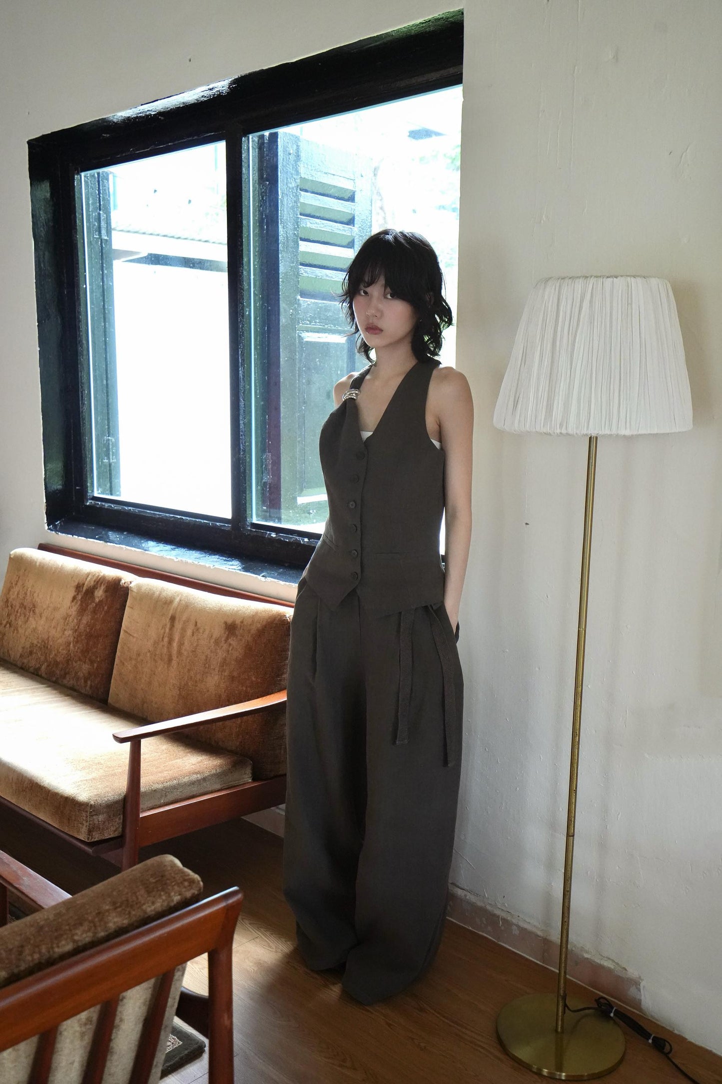 Linen One Shoulder Chain Top With Pant Set