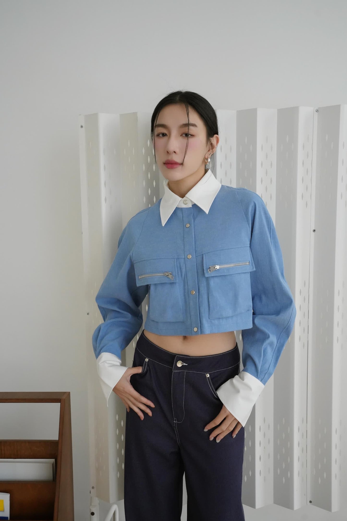Denim Cropped Shirt With Pocket