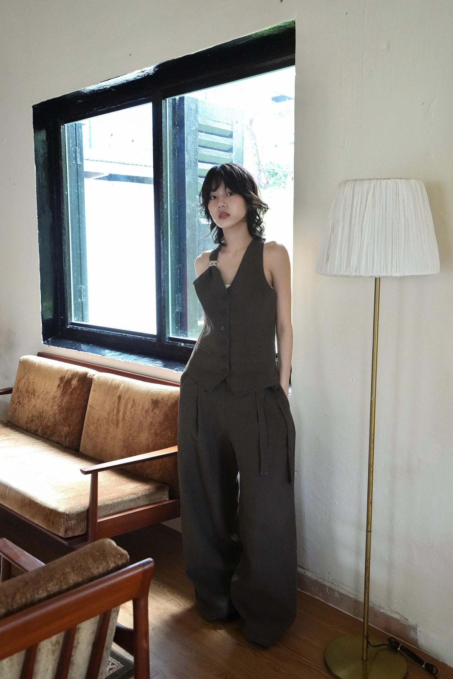 Linen One Shoulder Chain Top With Pant Set