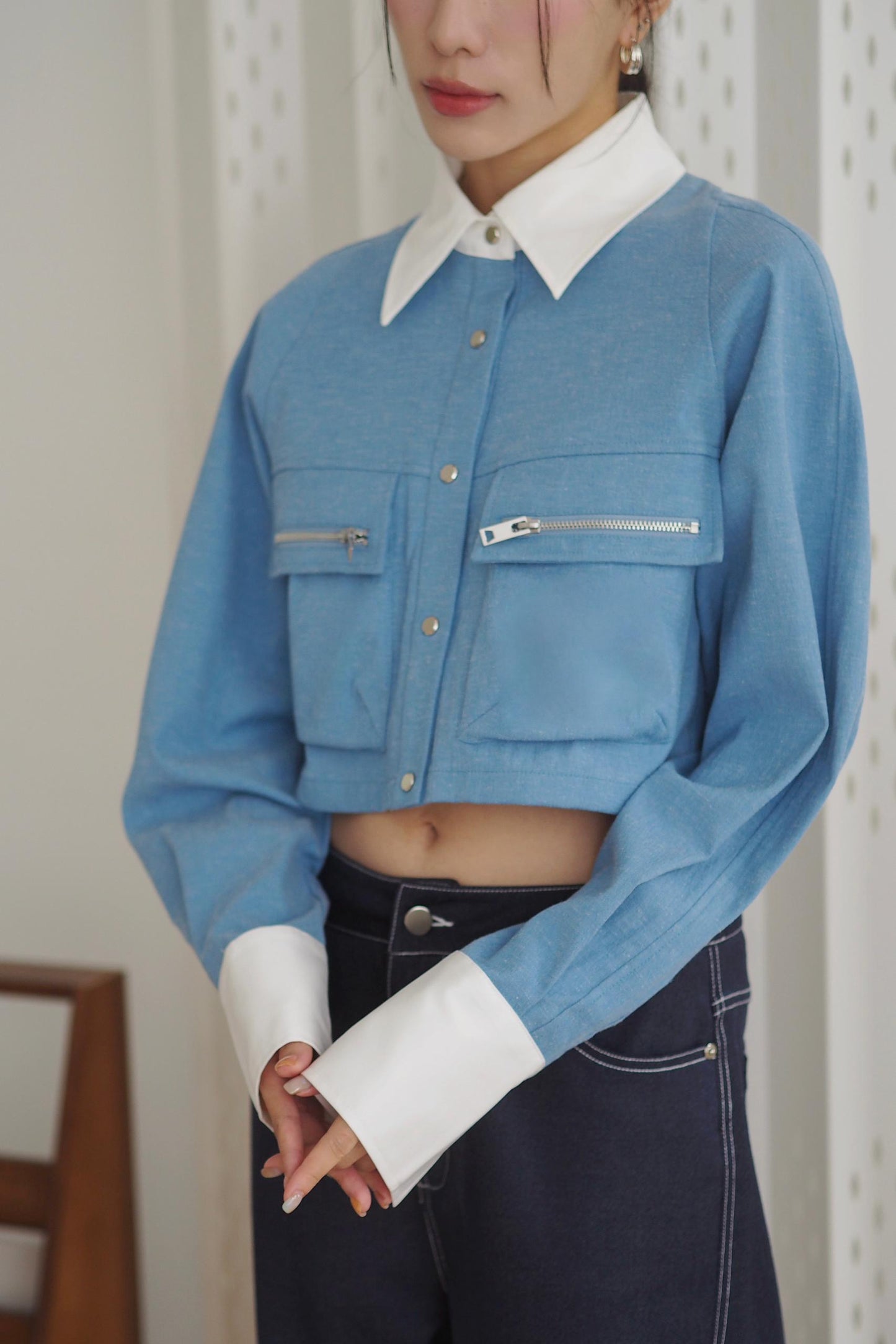 Denim Cropped Shirt With Pocket