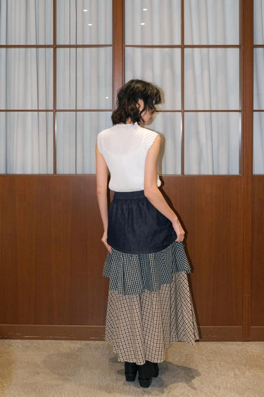 Patchwork plaid denim tiered skirt