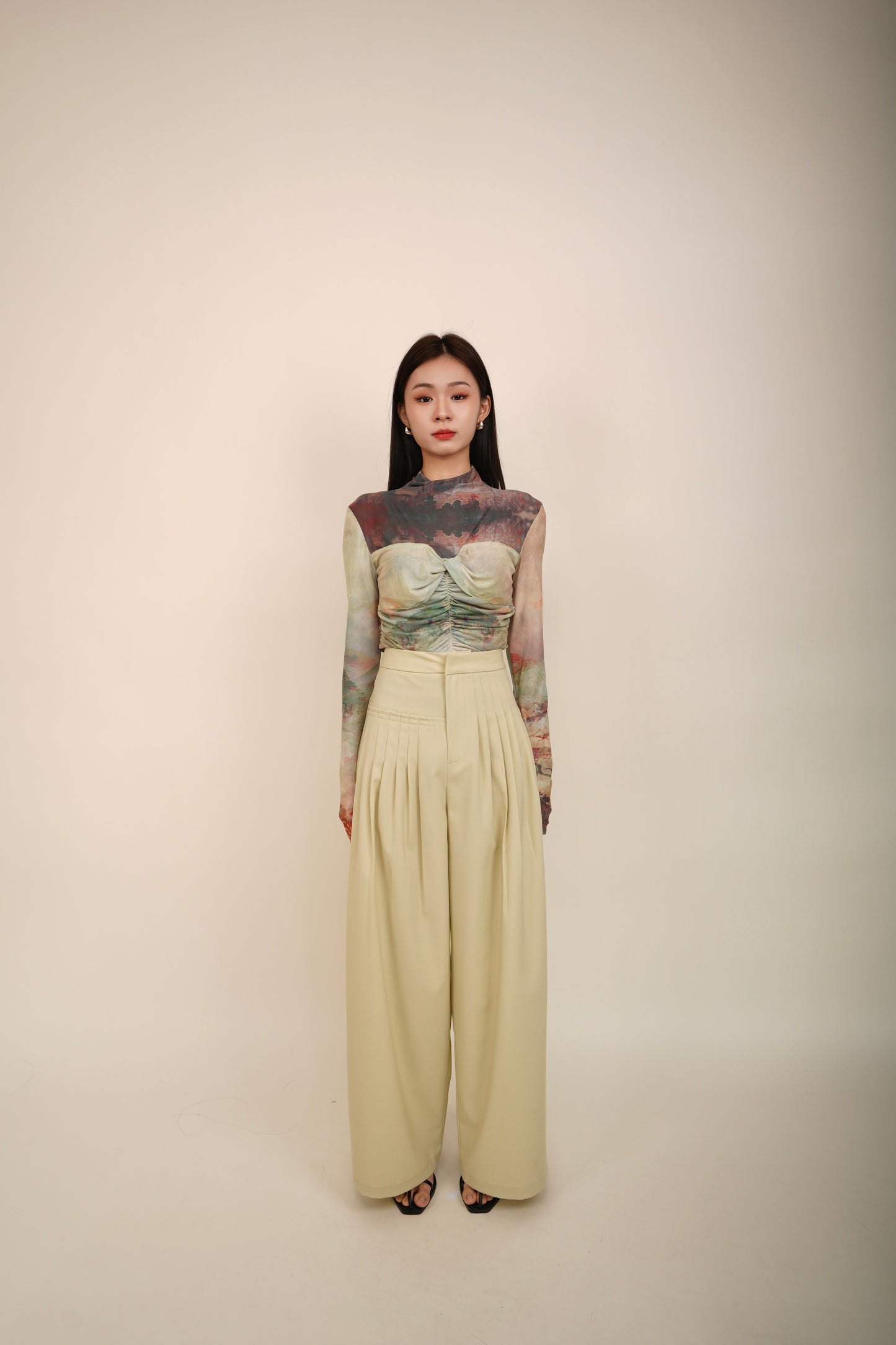 High Neck Smudge Print Mesh Top