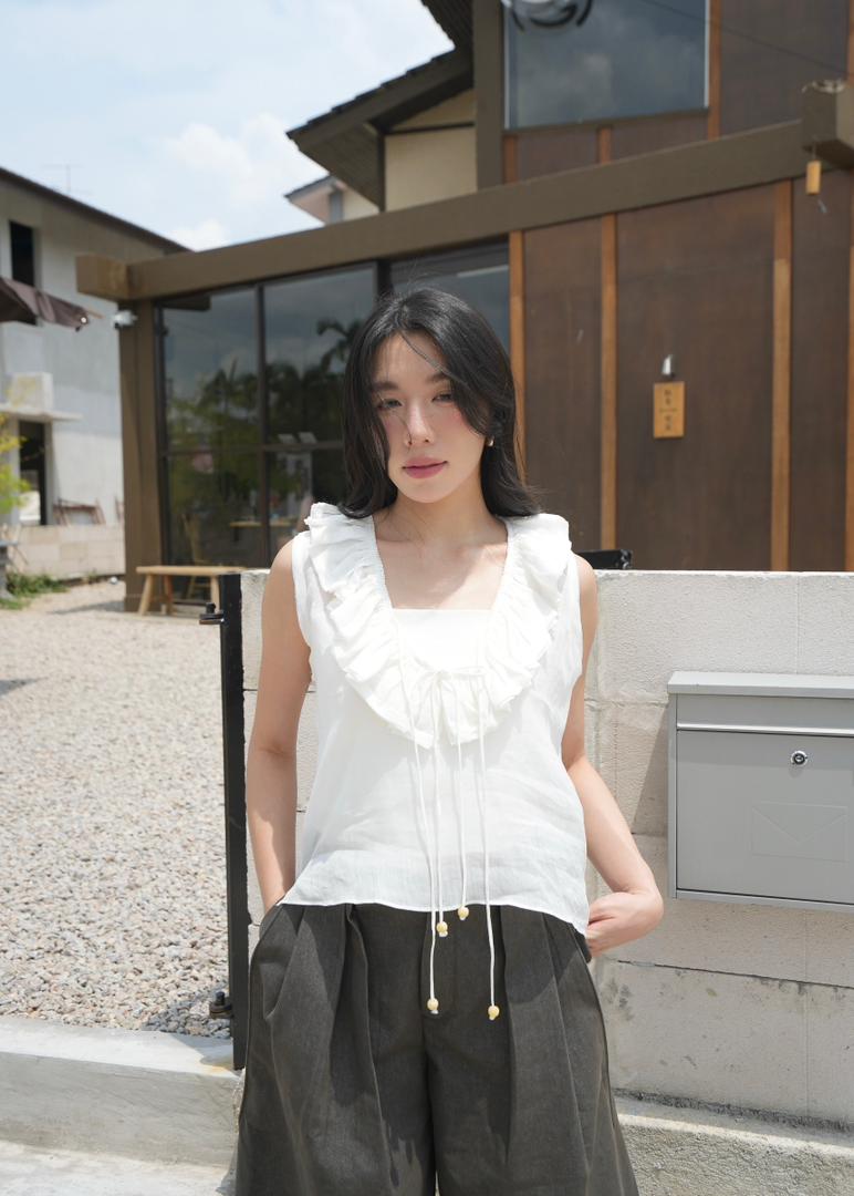 Drawstring Ruffle Neckline Top