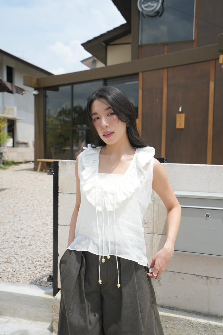 Drawstring Ruffle Neckline Top