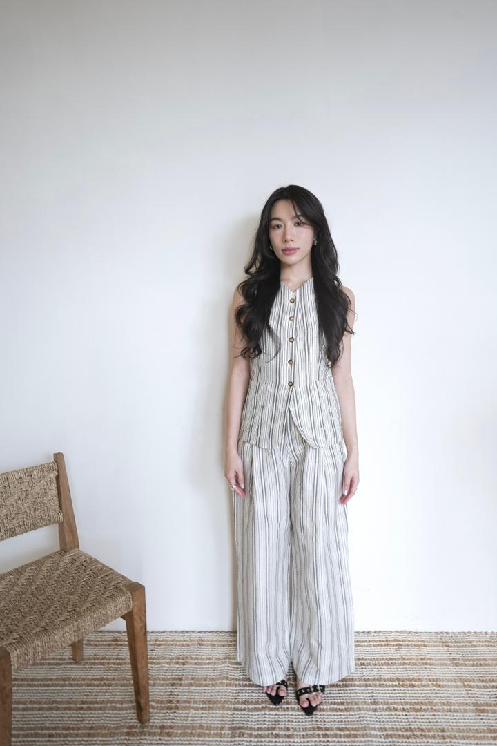 Striped V-neck Vest Cotton-linen Trousers Set