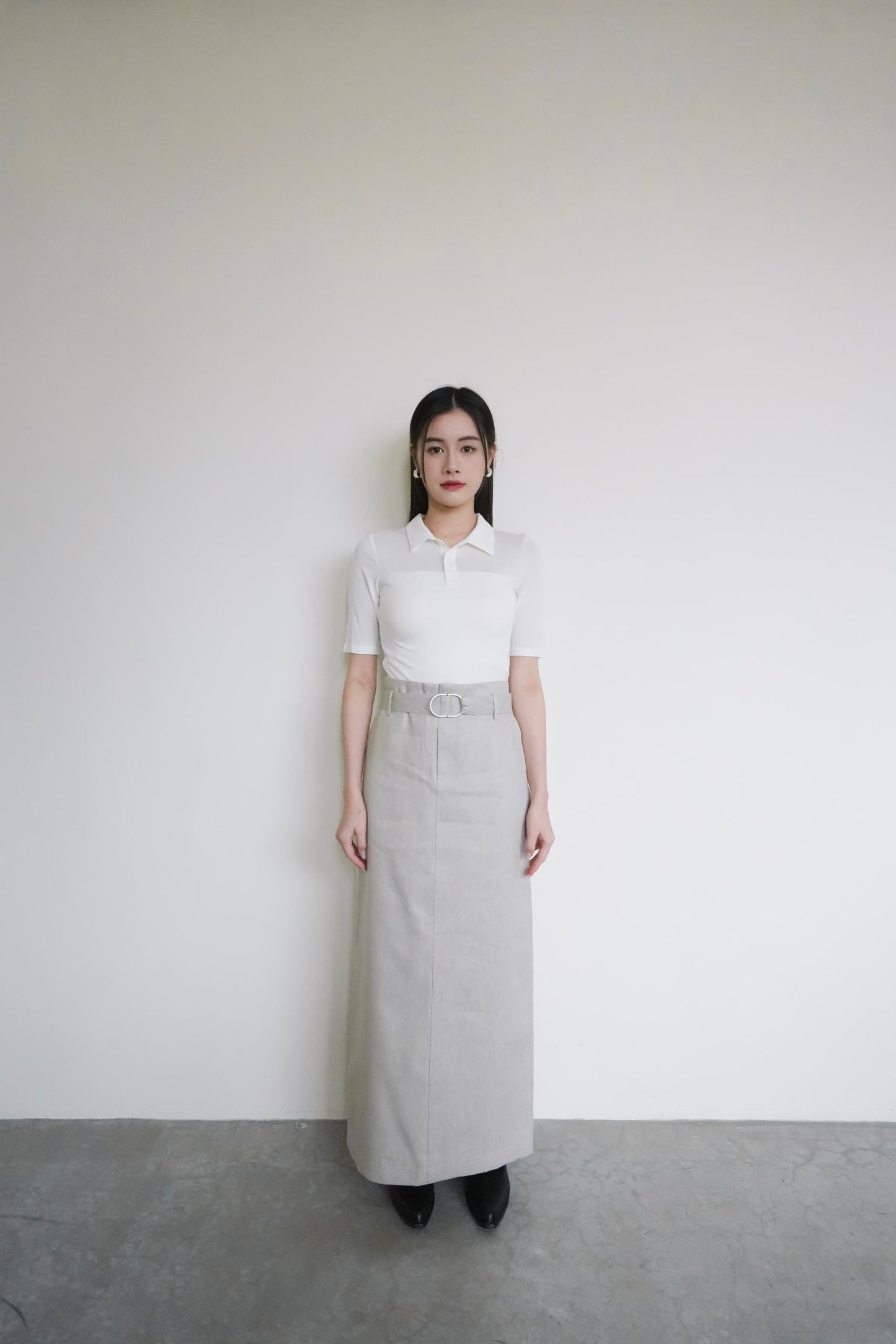 Cotton-linen pencil skirt with belt