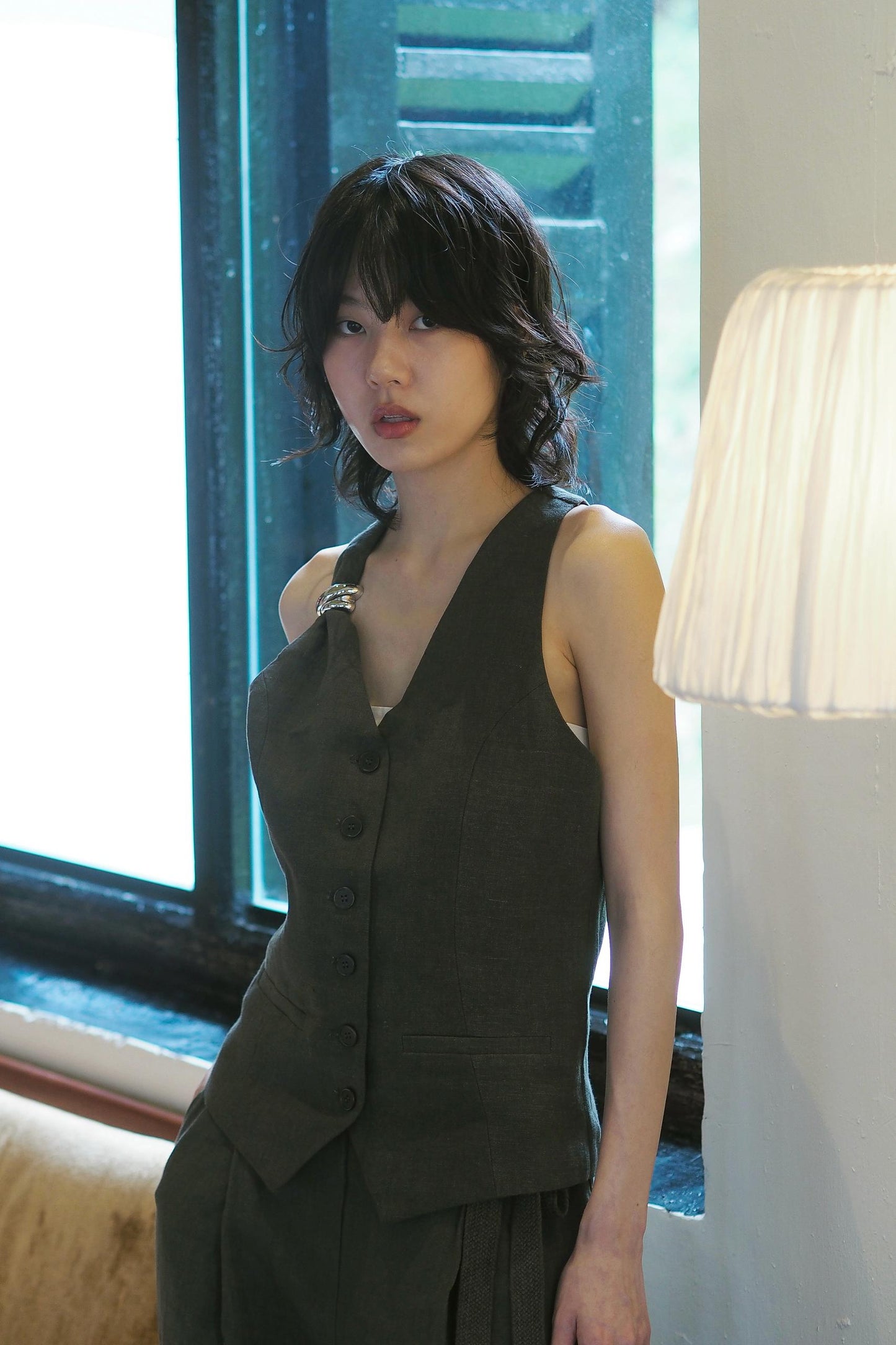Linen One Shoulder Chain Top With Pant Set