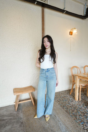 Rhinestone-studded Denim Pants