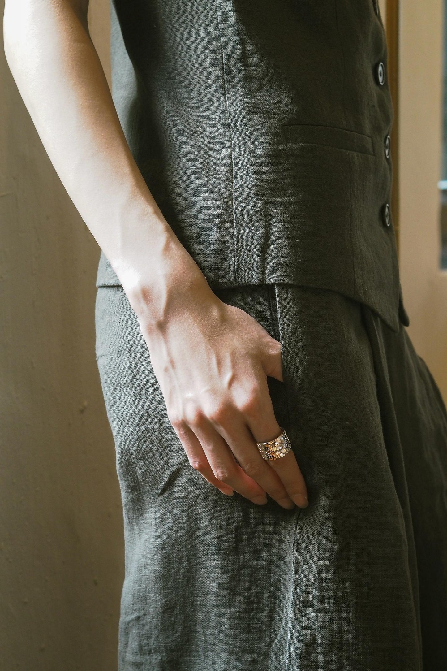 Linen One Shoulder Chain Top With Pant Set