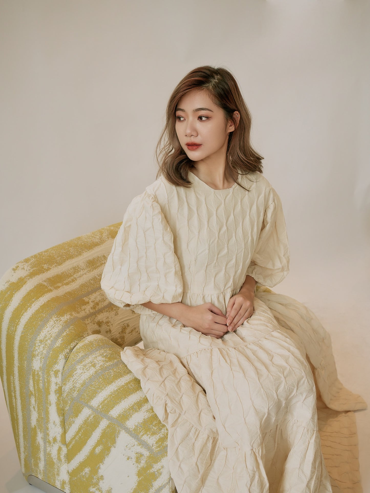 Maxi Pleated Puff-sleeved Dress