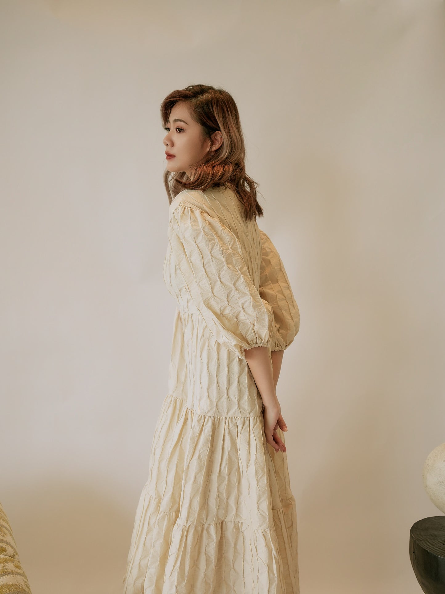Maxi Pleated Puff-sleeved Dress