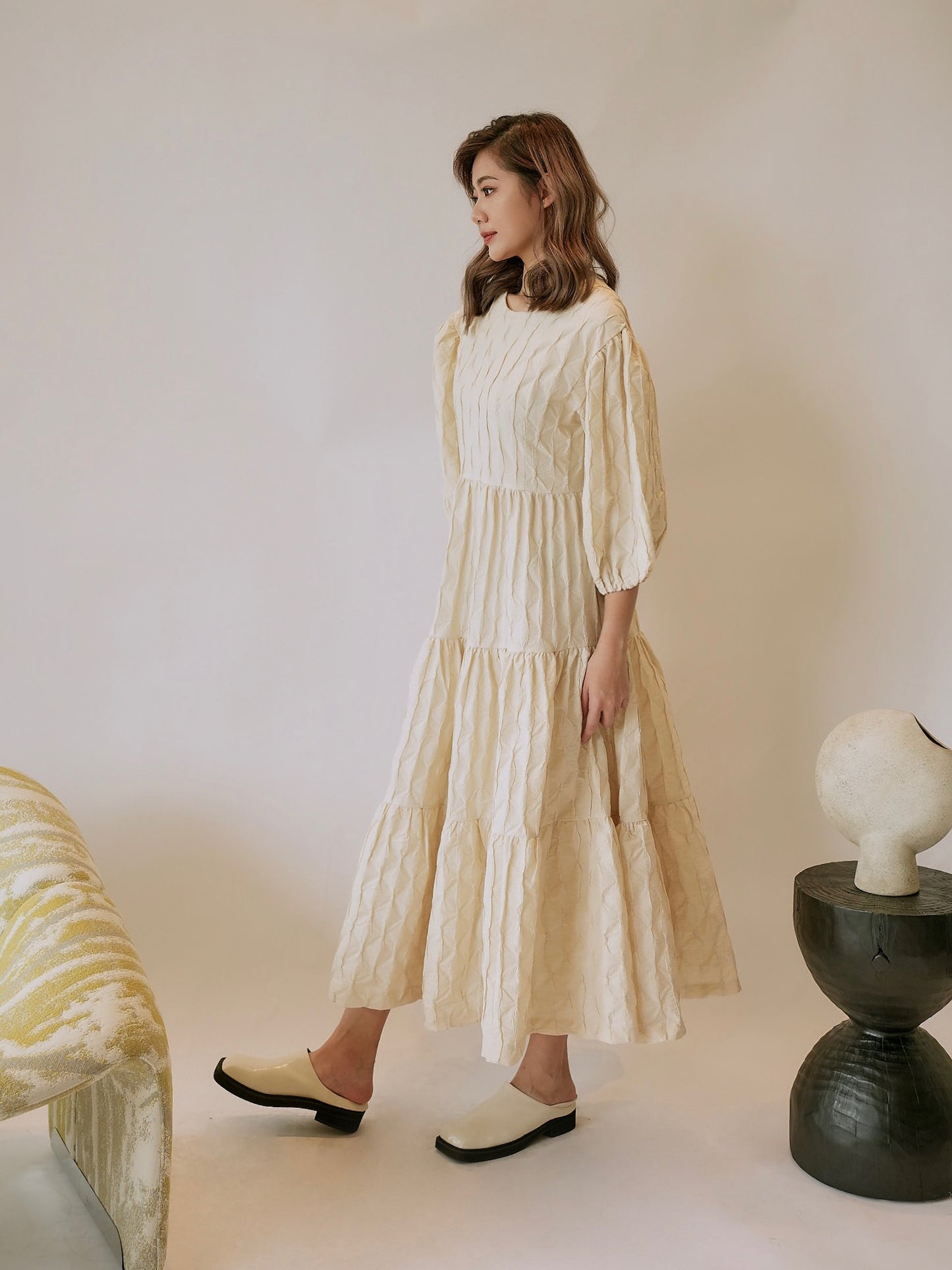 Maxi Pleated Puff-sleeved Dress