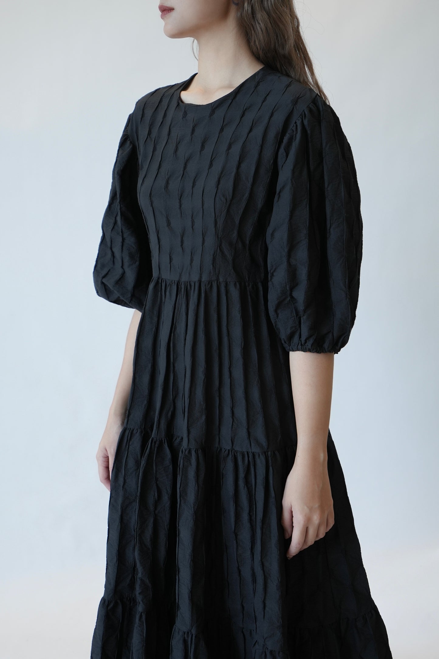 Maxi Pleated Puff-sleeved Dress