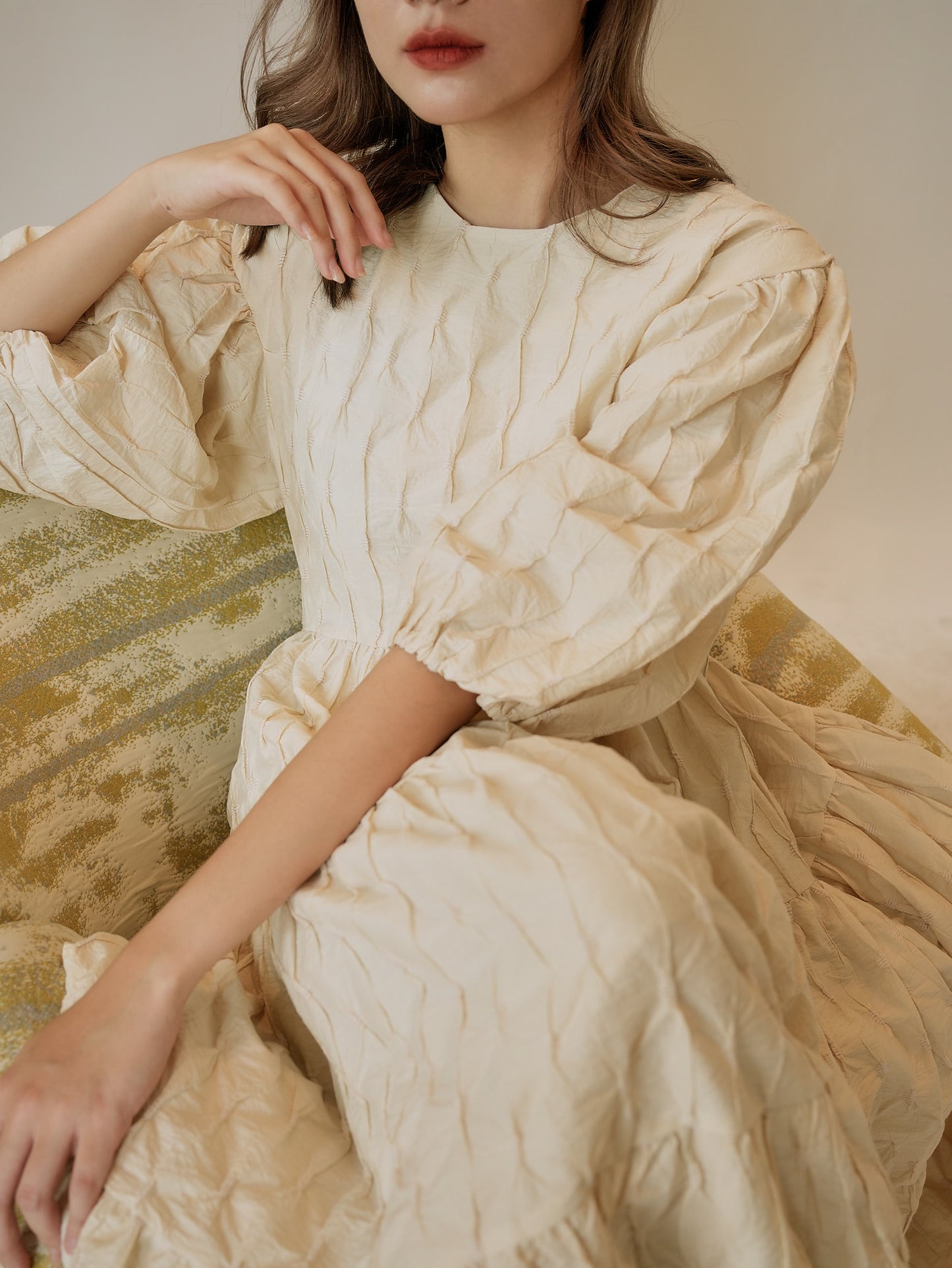 Maxi Pleated Puff-sleeved Dress