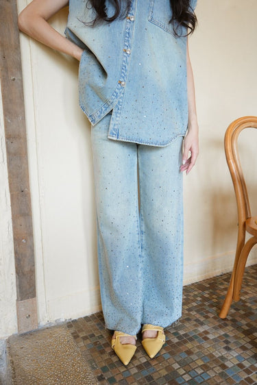 Rhinestone-studded Denim Pants