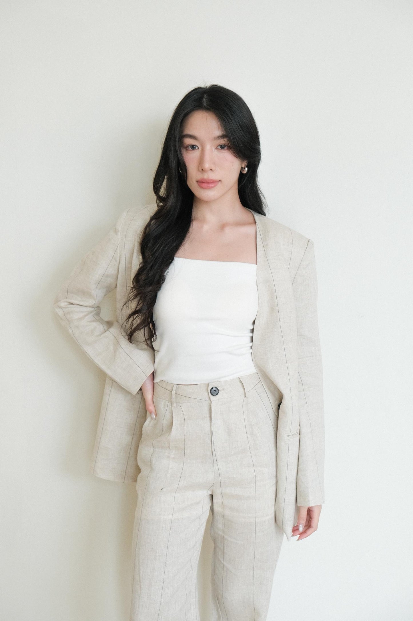 Pinstripe Collarless Blazer Set
