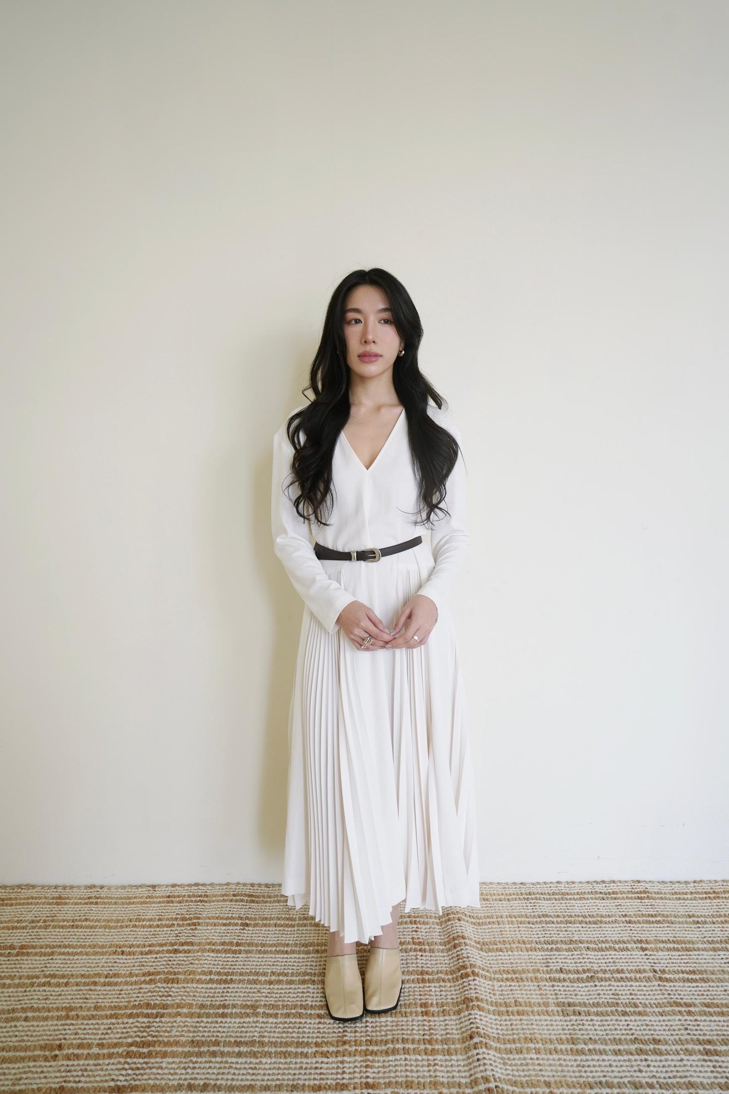 Long Sleeve Straight Pleated Dress