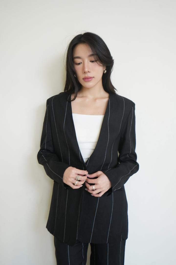 Pinstripe Collarless Blazer Set