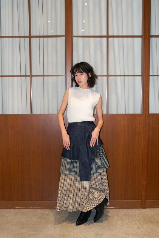 Patchwork plaid denim tiered skirt