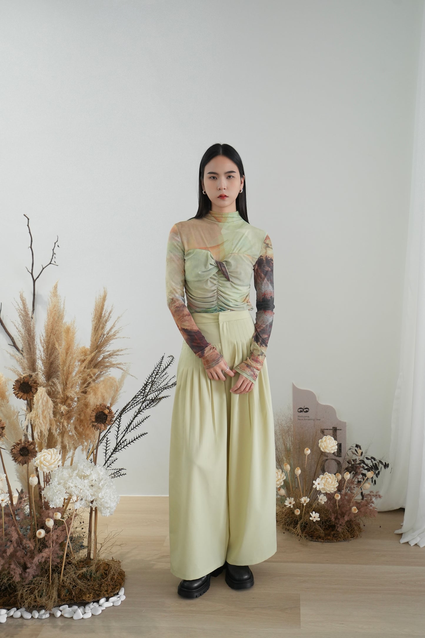 High Neck Smudge Print Mesh Top