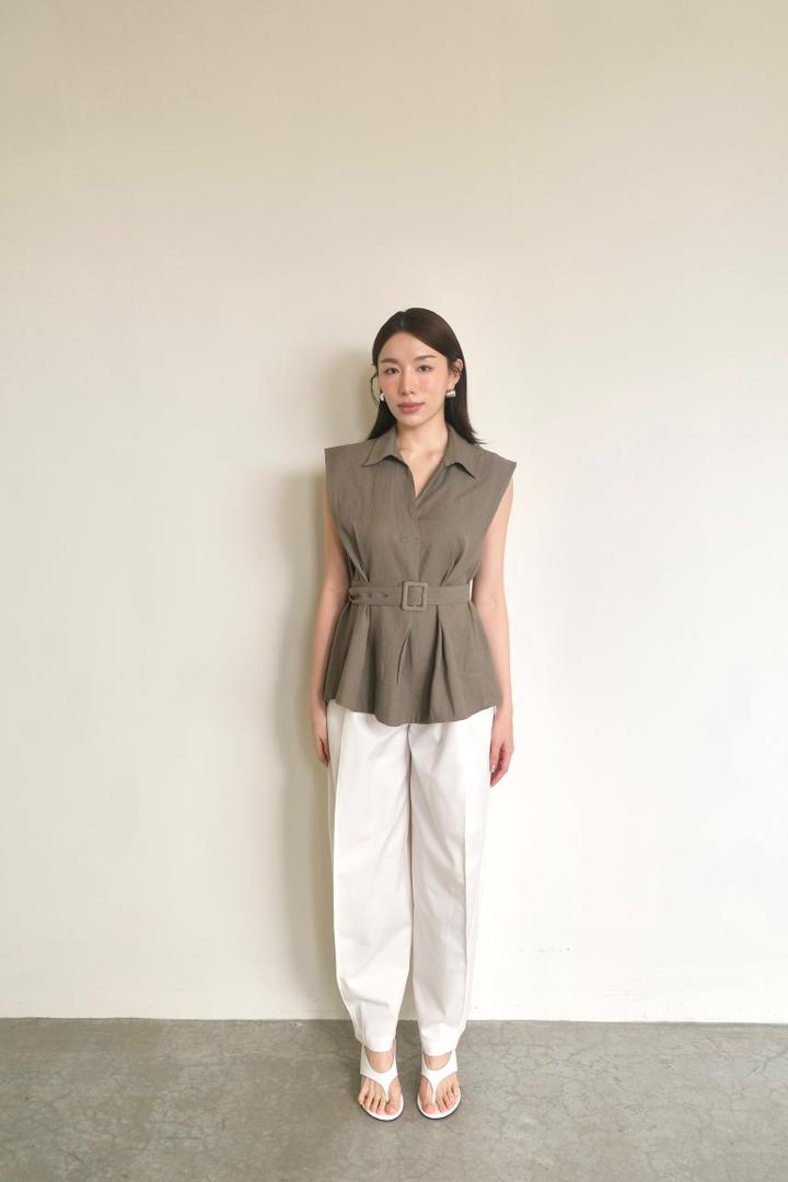 Padded-Shoulder Belted Shirt