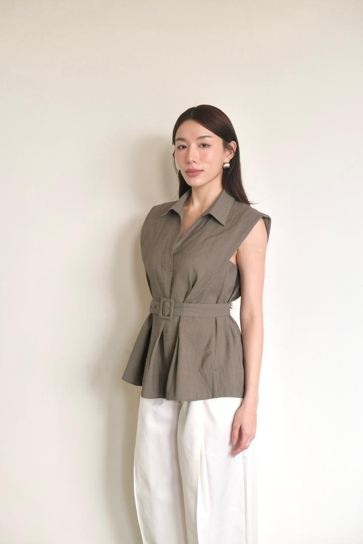 Padded-Shoulder Belted Shirt
