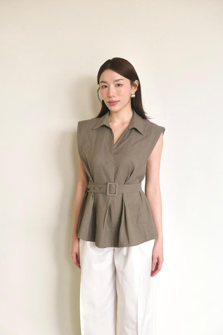 Padded-Shoulder Belted Shirt