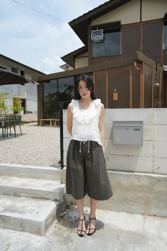 Drawstring Ruffle Neckline Top