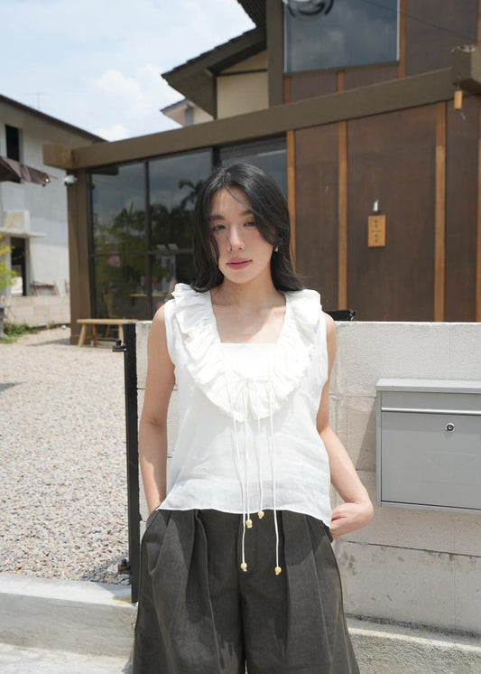 Drawstring Ruffle Neckline Top