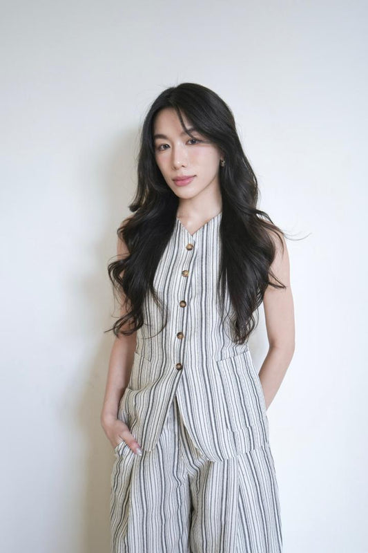 Striped V-neck Vest Cotton-linen Trousers Set