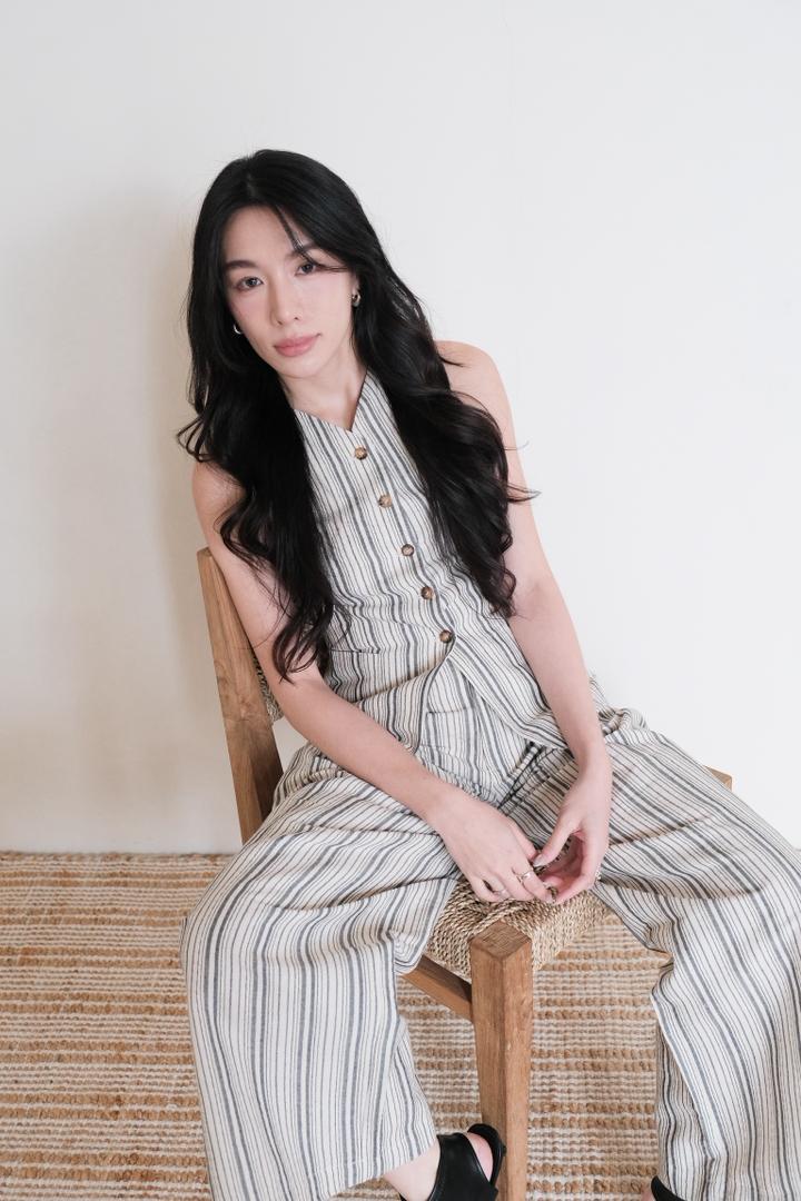 Striped V-neck Vest Cotton-linen Trousers Set