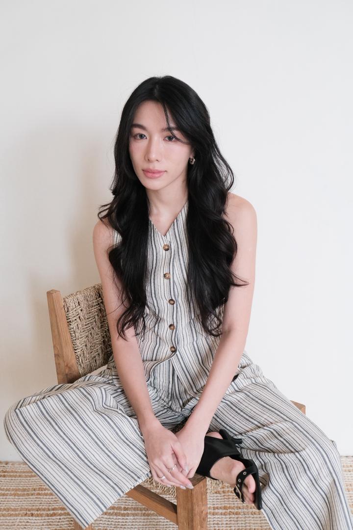 Striped V-neck Vest Cotton-linen Trousers Set