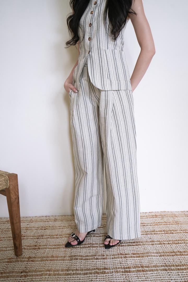 Striped V-neck Vest Cotton-linen Trousers Set