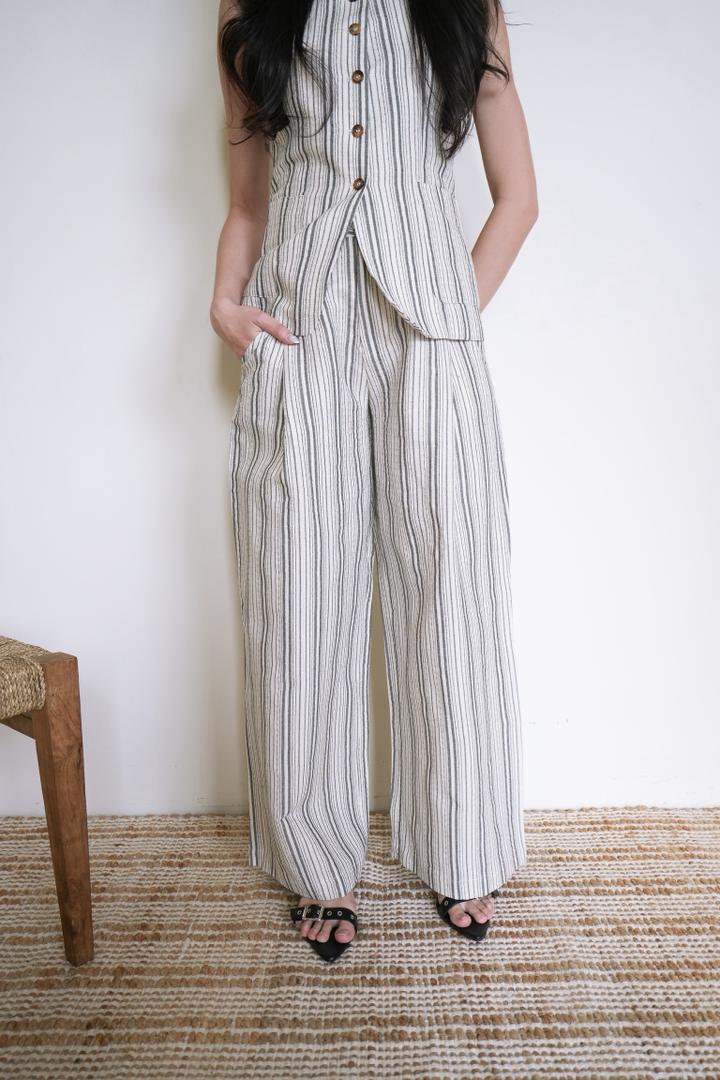 Striped V-neck Vest Cotton-linen Trousers Set