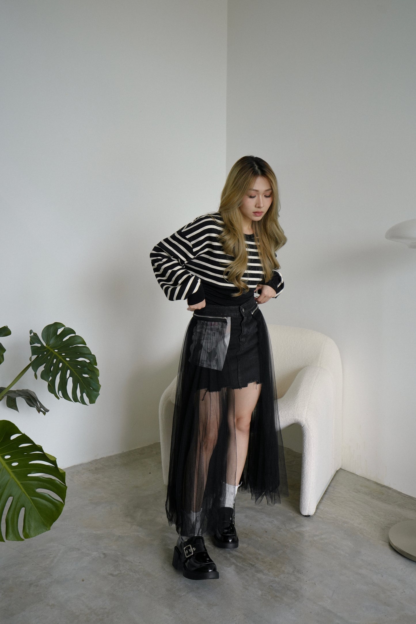 Denim Shorts Mesh Skirt