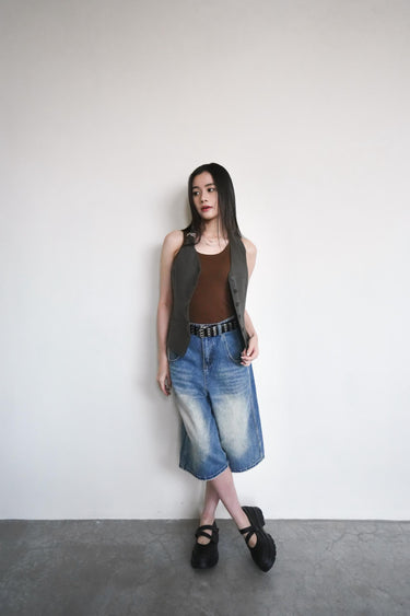 Knee-length denim shorts