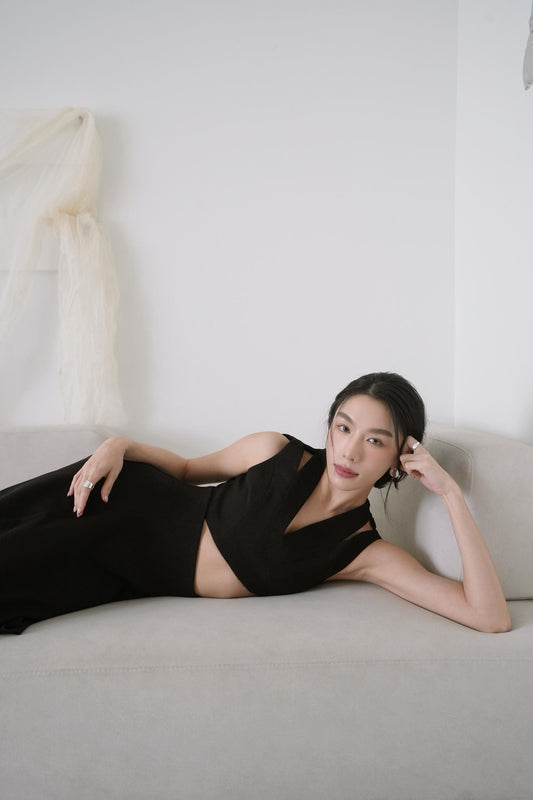 Sleeveless Cutout Top With A line Draped Long Skirt