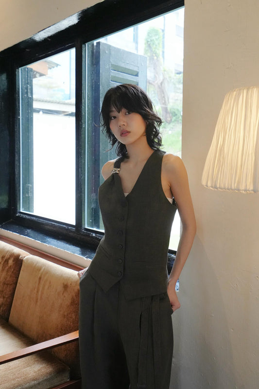 Linen One Shoulder Chain Top With Pant Set