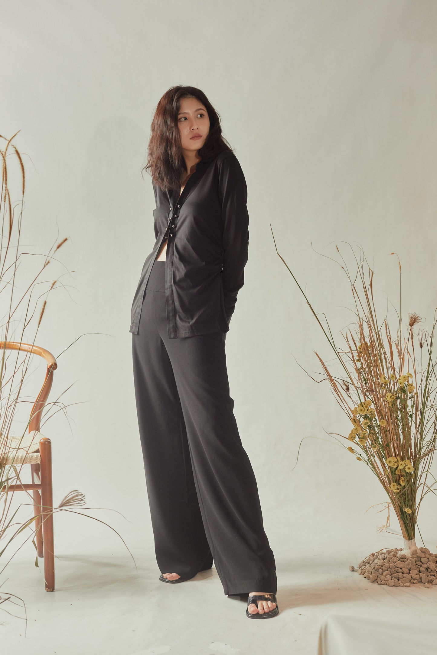 High Rise Crepe Wide Leg Trousers