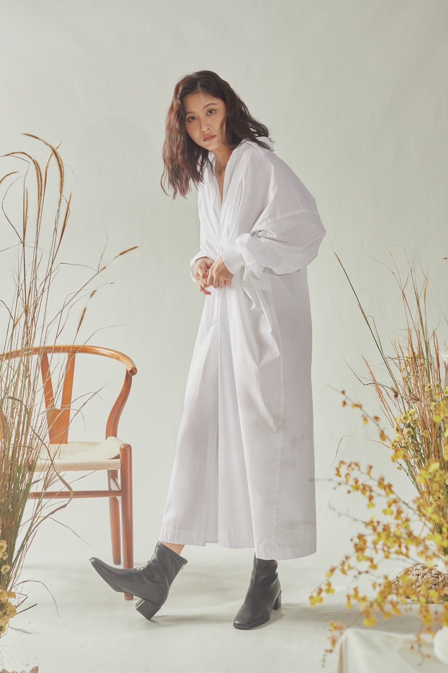 Front Gathered Oversized Shirt Dress