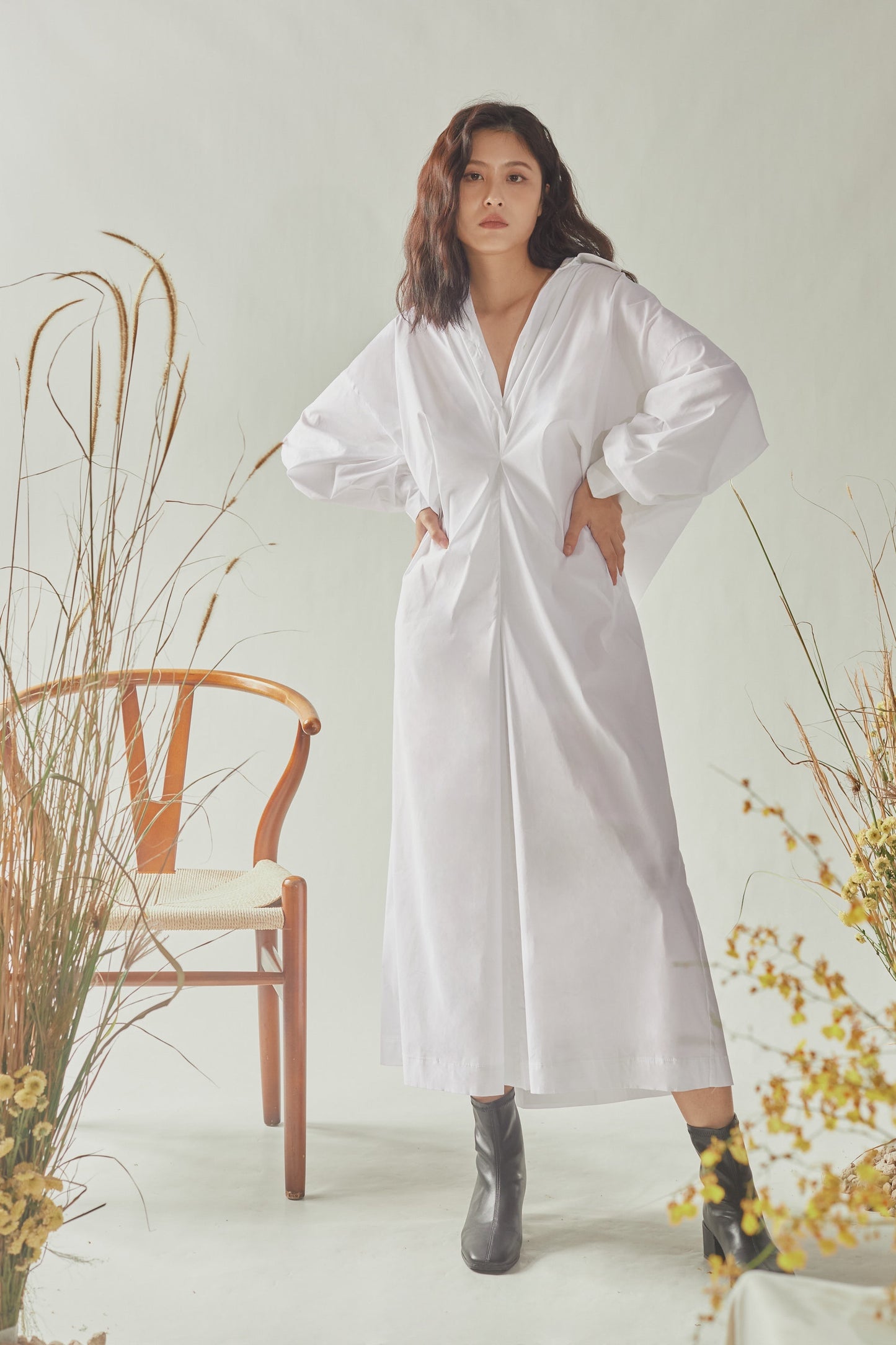 Front Gathered Oversized Shirt Dress